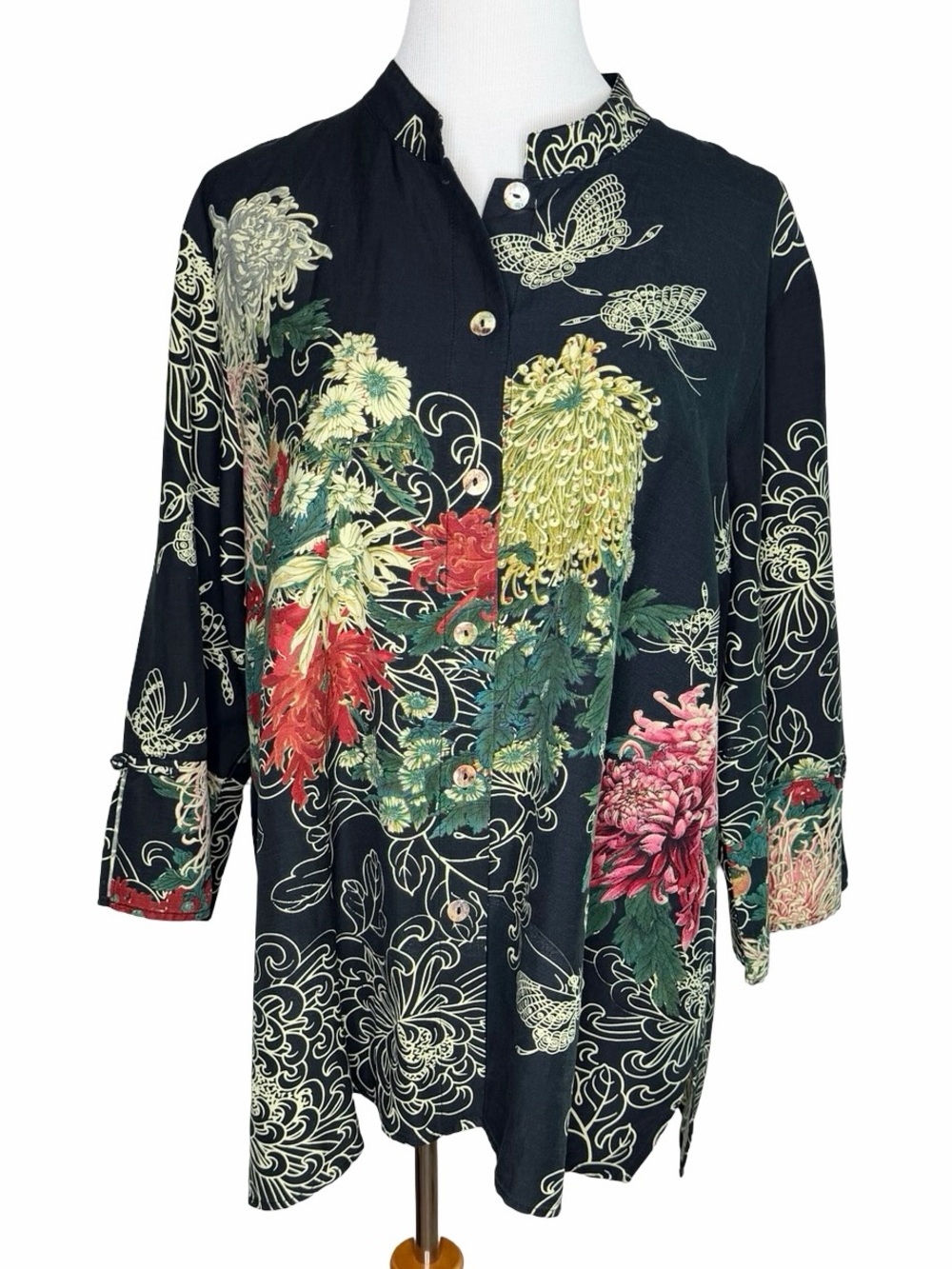 Citron Santa Monica Blouse Size 2X Black Vintage Floral Butterfly Silk Linen
